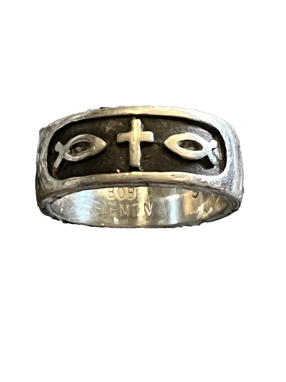 Bob Siemon Sterling Silver 925 Cross Fish Ring Size 6 Wide Band Christian Faith